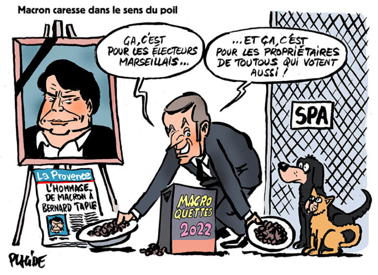 Macron rend hommage à Tapie dans « La Provence » et visite un refuge de la SPA
